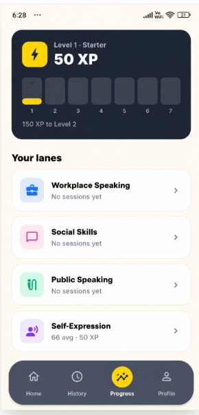 SpeechPal progress screen showing XP, streaks, and practice lanes